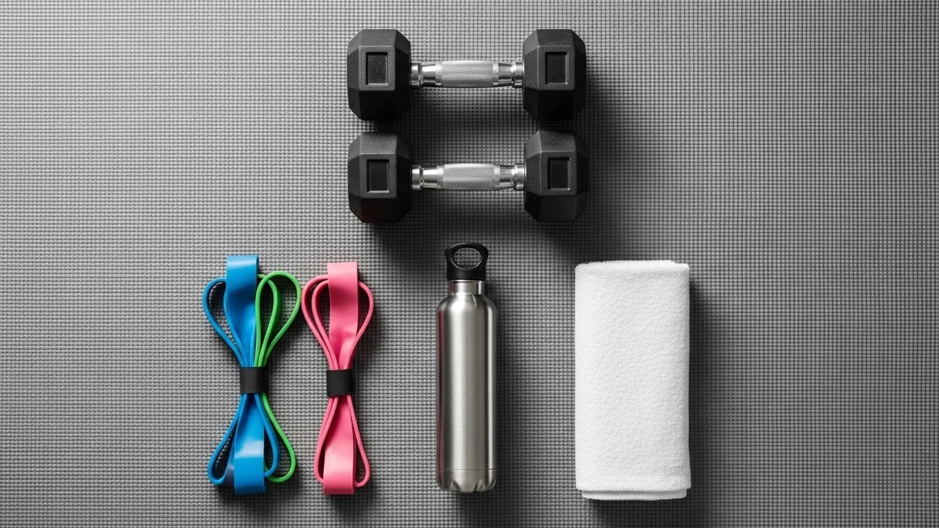 A fit person performing pushups at home with dumbbells and a yoga mat in a modern living room