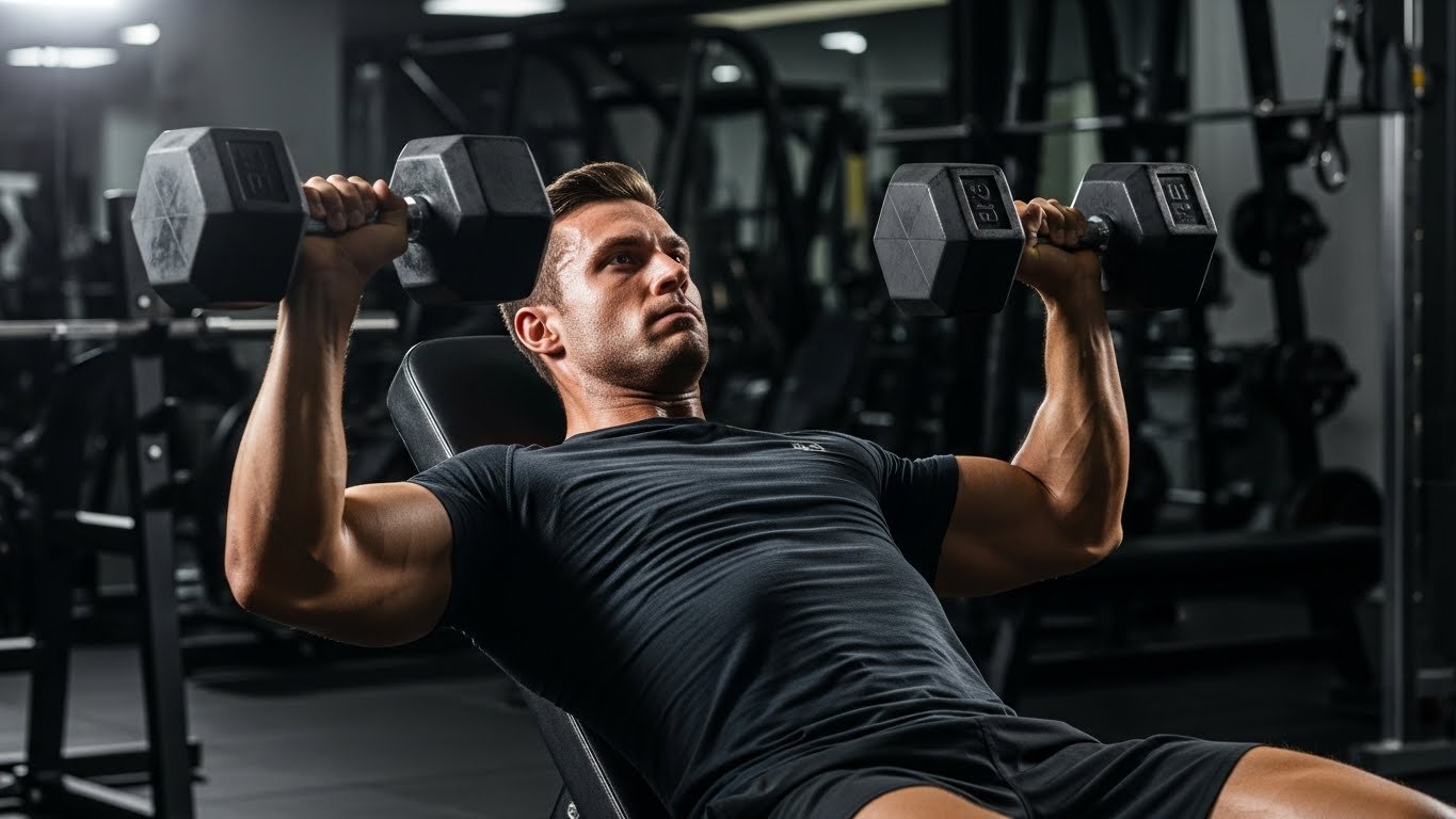 Muscular man performing dumbbell chest press on a bench in a modern gym.