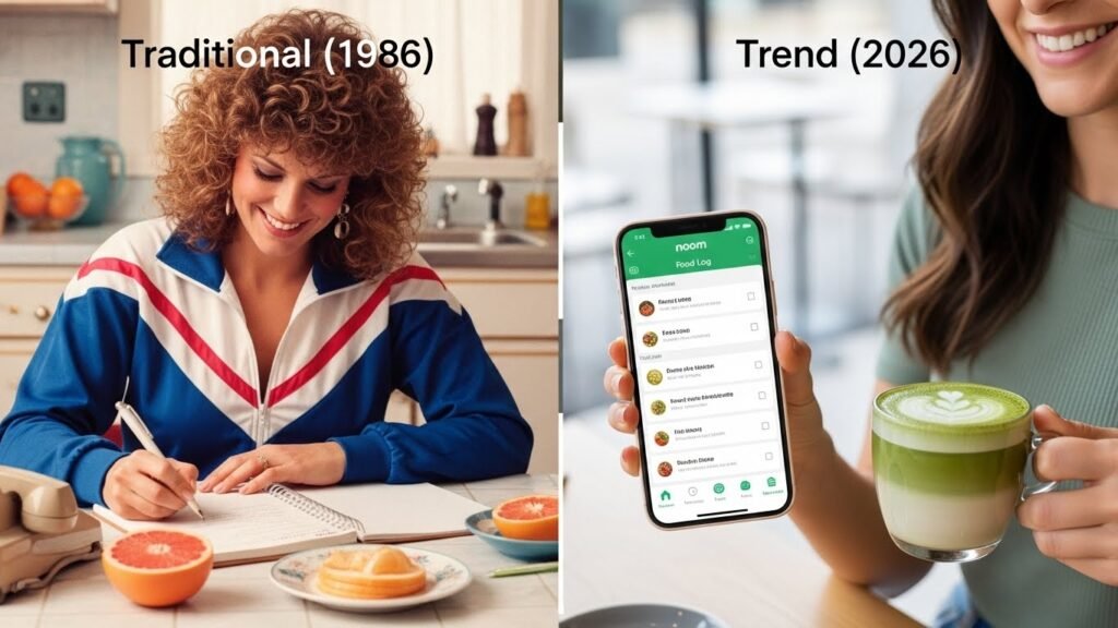 Split-screen graphic. Left side A retro image of a woman writing in a food diary (Weight Watchers style, 1980s). Right side A modern photo of a woman holding a smart phone displaying a Noom green food log. The right side is labeled Traditional (1986) and the left side is labeled Trend (2026). Comparing the evolution of dieting.