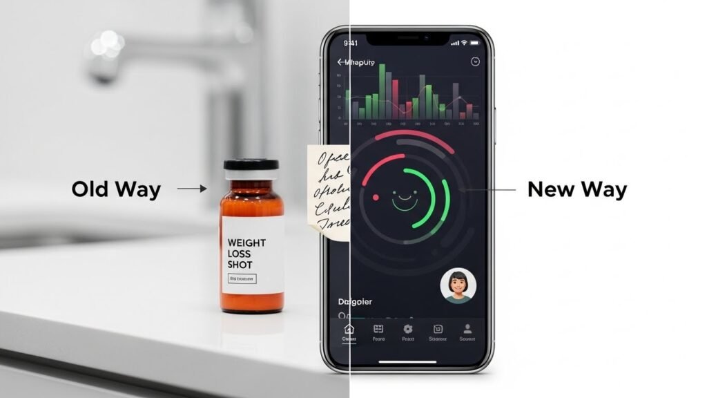 Close-up of a smartphone displaying 3D charts representing AI-powered weight loss data progress.