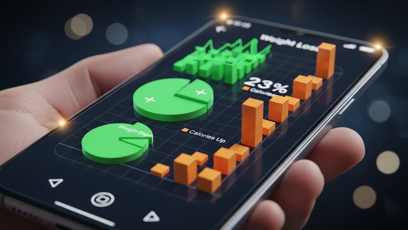 Close-up of a smartphone displaying 3D charts representing AI-powered weight loss data progress.