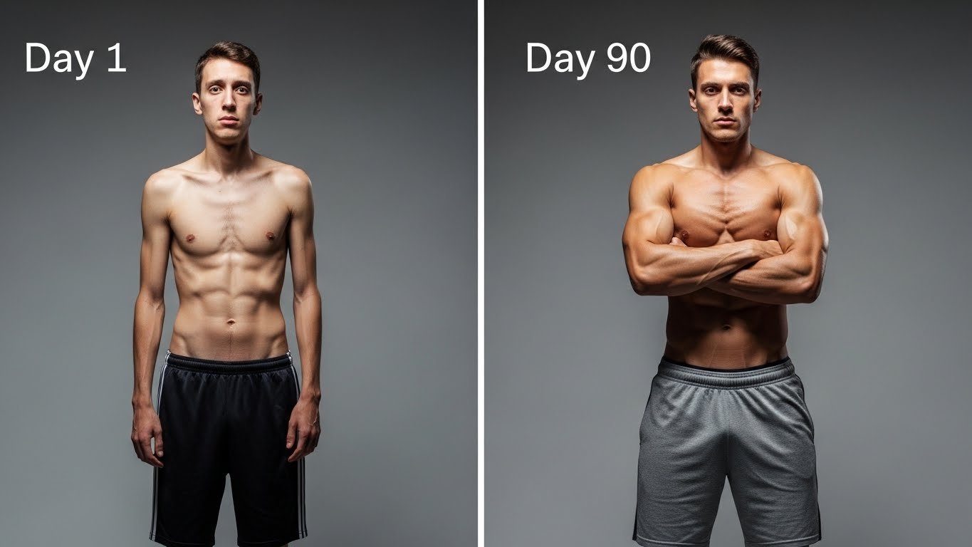Split screen comparison of a fit man showing "Before and After" transformation from skinny to muscular.