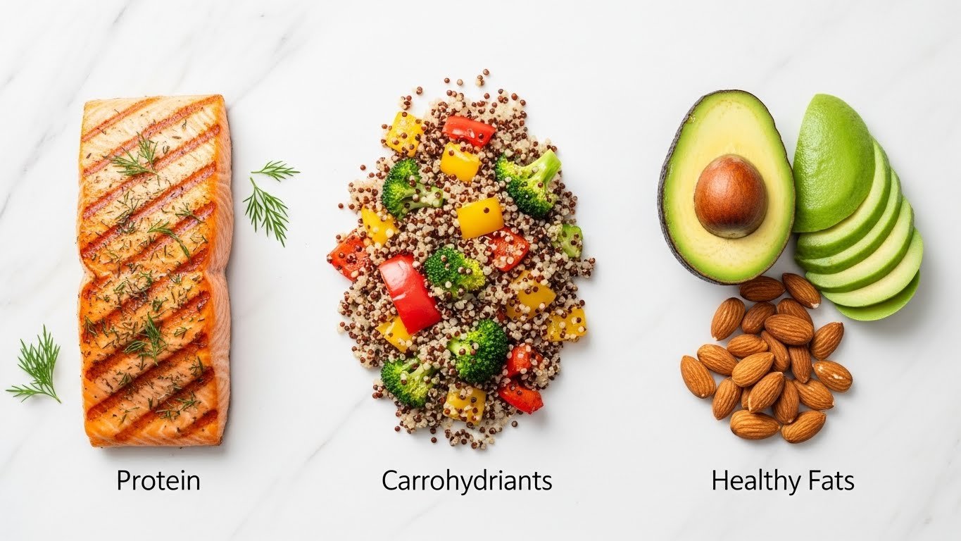 A balanced meal on a plate showing the three macronutrients grilled chicken breast (protein), quinoa (carbohydrates), and avocado with vegetables (healthy fats).