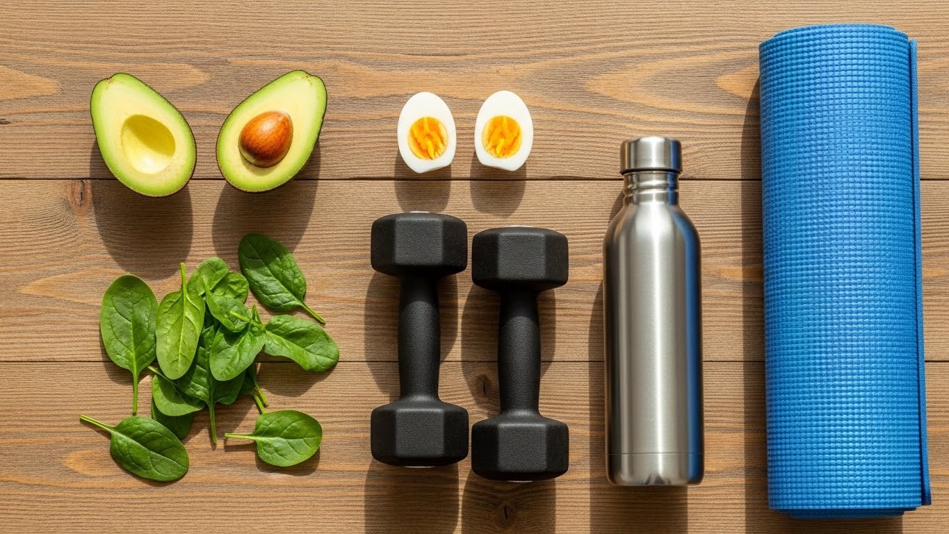 A top-down view of healthy food and fitness equipment representing a balanced lifestyle including keto nutrition and exercise