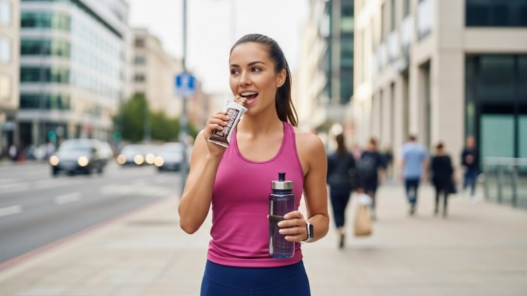 Top-down flat lay of a wooden board with a variety of healthy snacks including nuts, yogurt, and fruits.