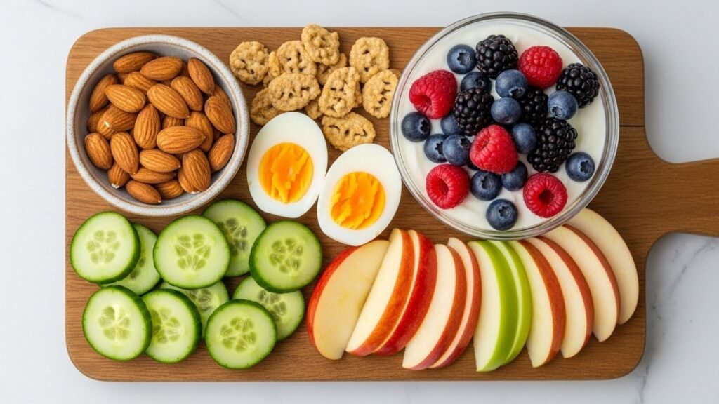 Top-down flat lay of a wooden board with a variety of healthy snacks including nuts, yogurt, and fruits.