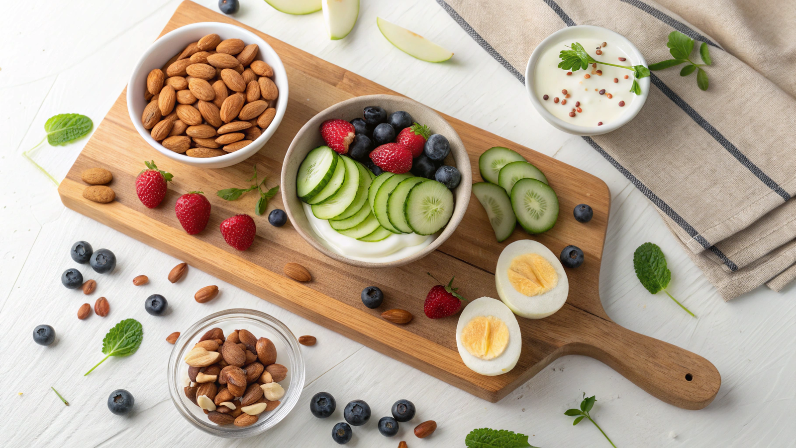 Top-down flat lay of a wooden board with a variety of healthy snacks including nuts, yogurt, and fruits.