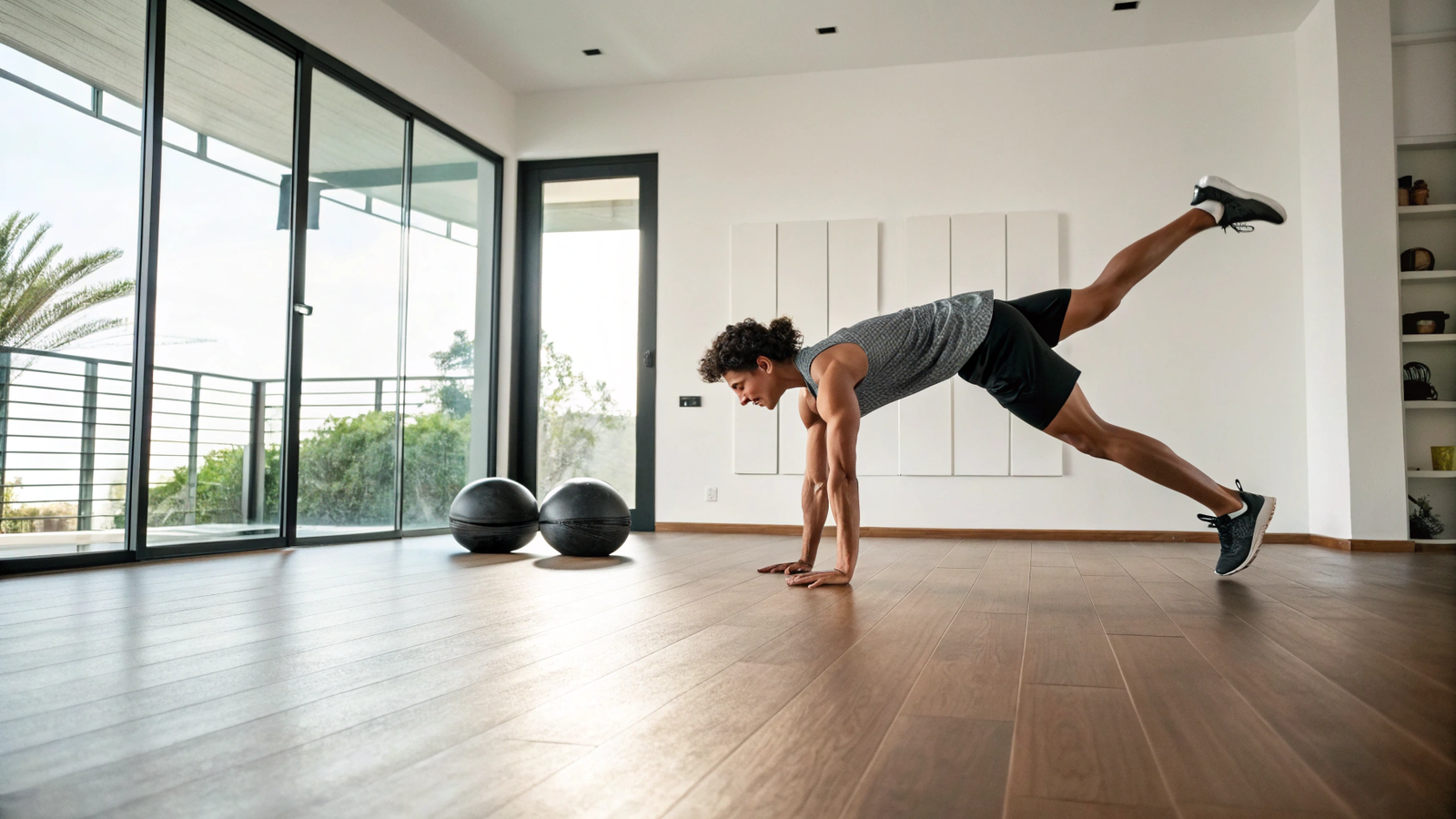 Dynamic shot of an athlete performing a high-intensity burpee and sprinting on a track.