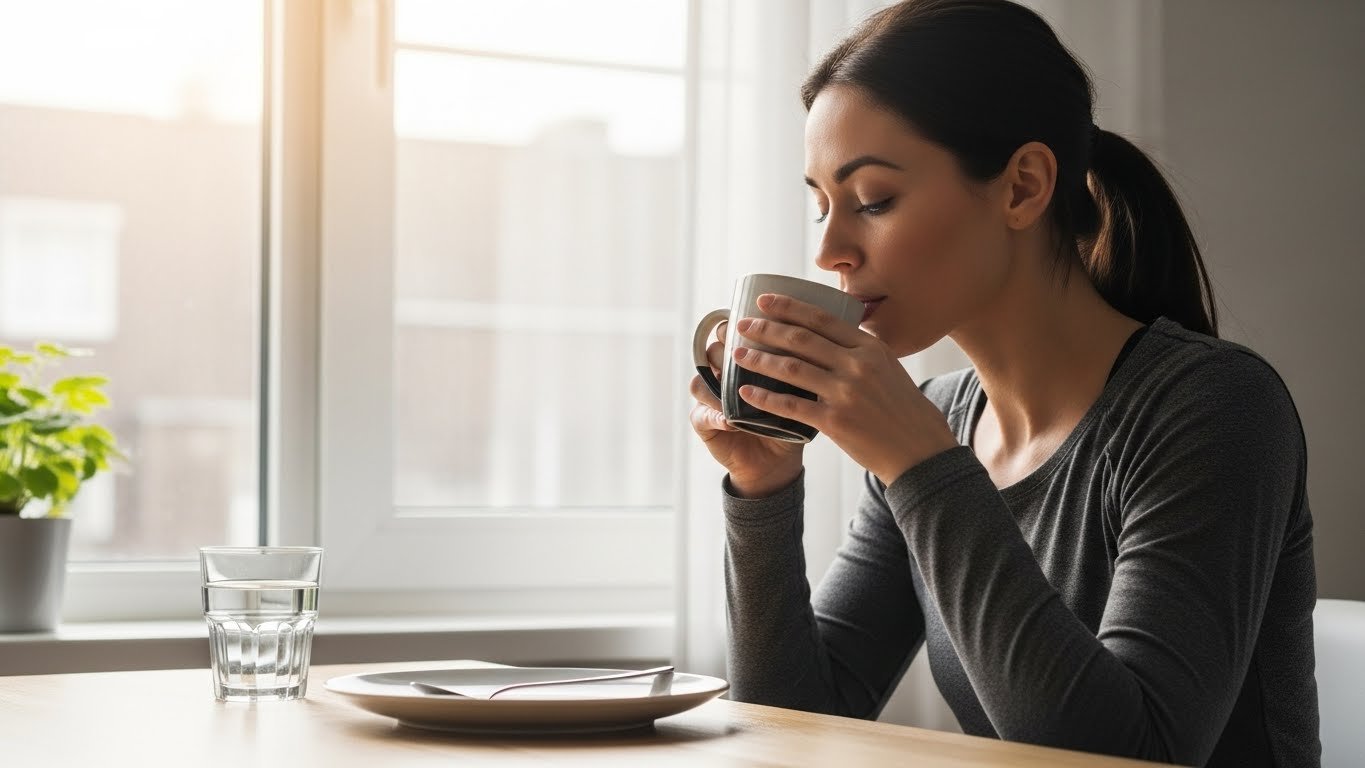 A fit woman drinking black coffee by a sunny window in the morning during her fasting window.