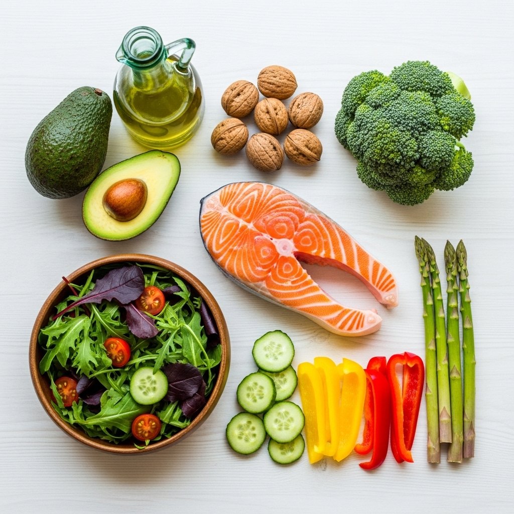 Delicious keto breakfast plate with eggs, bacon, and avocado on a wooden table