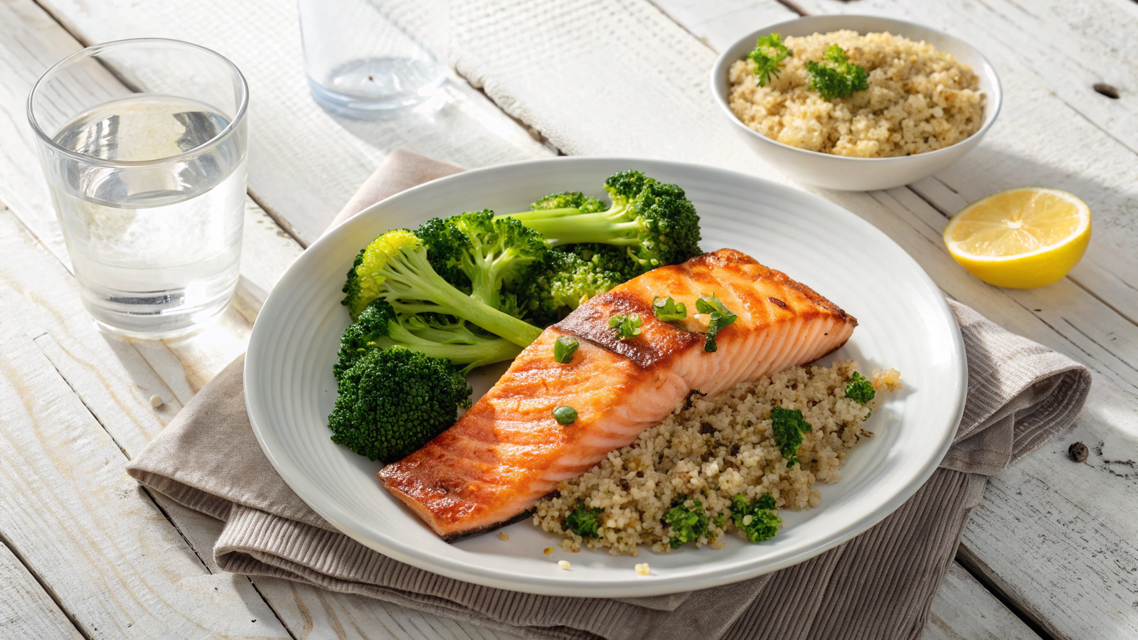 Delicious healthy meal plate with grilled salmon and quinoa representing a belly fat loss diet.