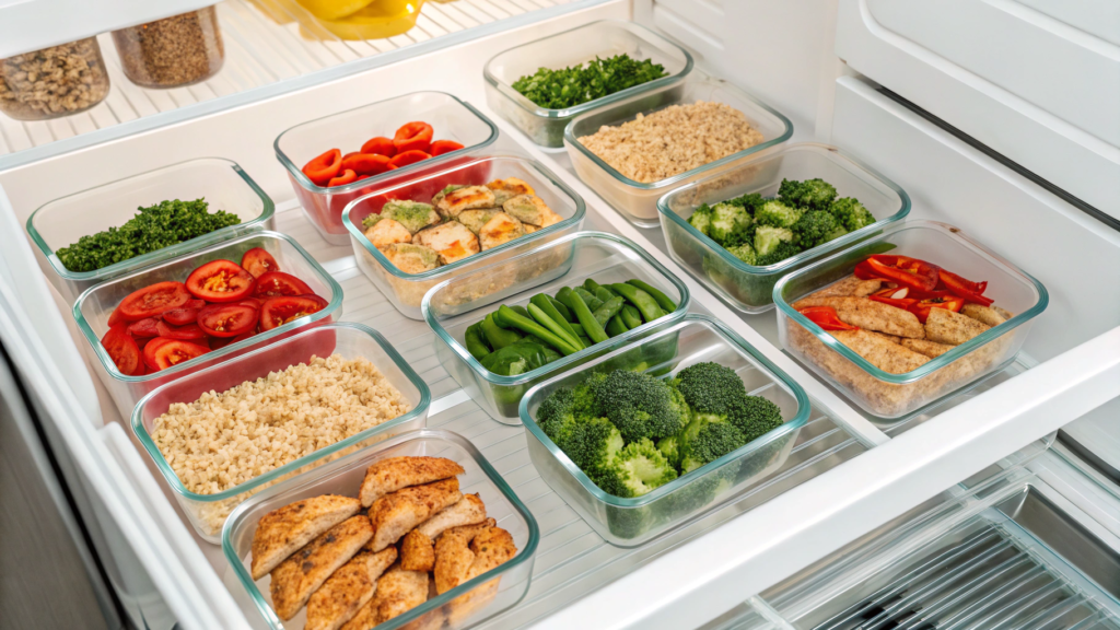 Meal Prep, Weight Loss Strategy, Healthy Recipes, Kitchen Organization, Portion Control, Food Storage, Time Saving, Decision Fatigue