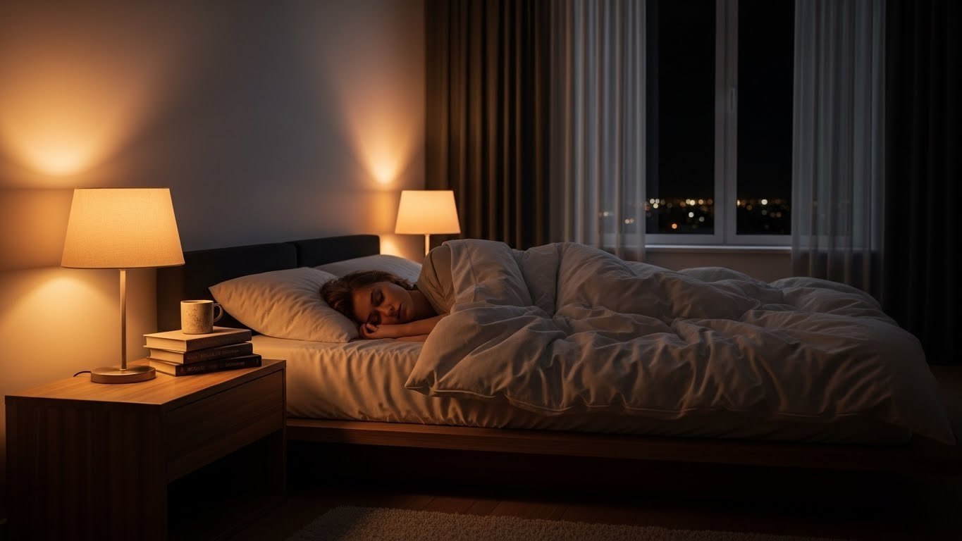 Person sleeping peacefully in a modern cozy bedroom with soft warm lighting for sleep hygiene.