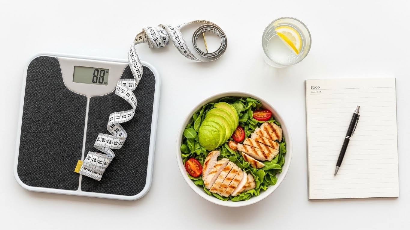 A flat lay image of weight loss tools including a scale, measuring tape, and healthy food on a white background