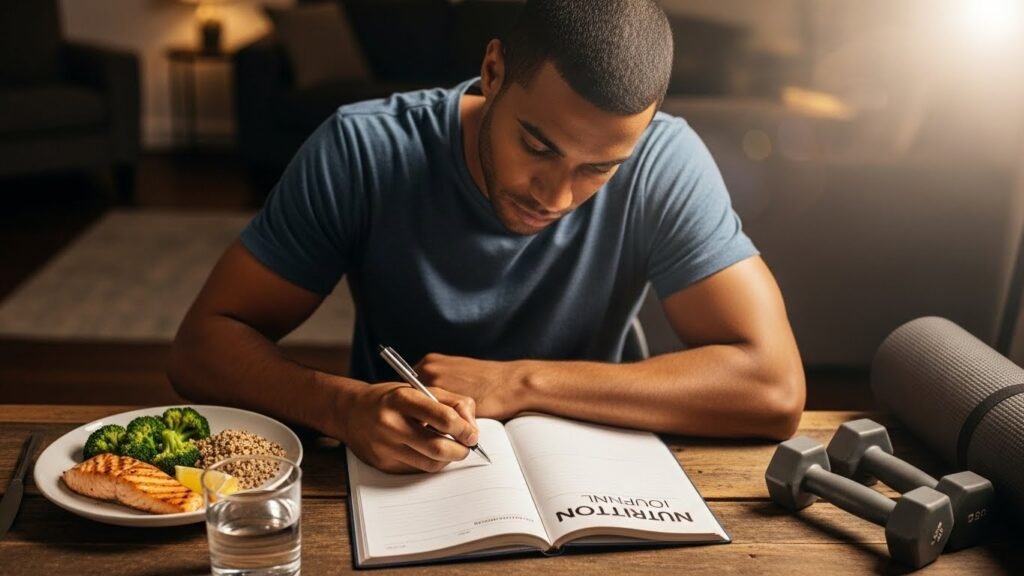 A flat lay image of weight loss tools including a scale, measuring tape, and healthy food on a white background