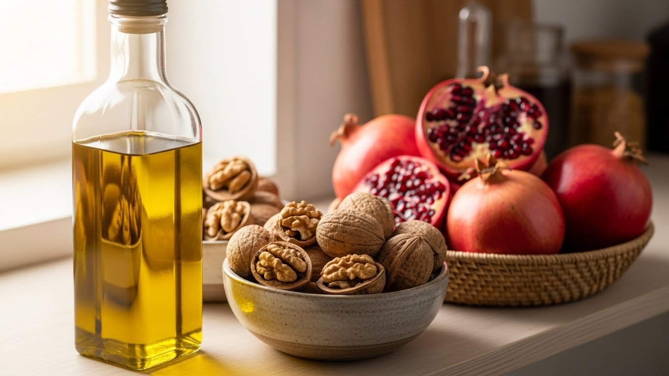 Modern kitchen shelf with olive oil, walnuts, pomegranates, and ginger representing natural testosterone boosting foods.