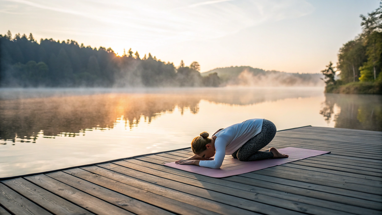 Serene image of a woman practicing yoga child's pose overlooking a calm lake at sunrise.