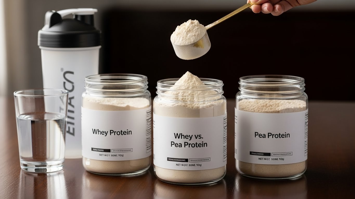 Three transparent jars of protein powder on a table with a scoop comparing Whey and Pea protein.