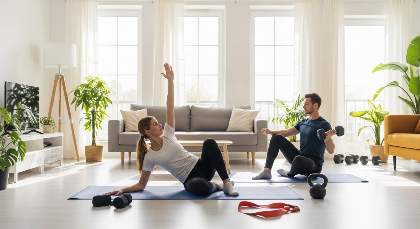 Home fitness and wellness workout in a modern living room with yoga and strength training